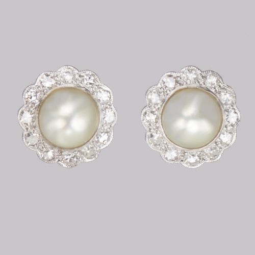 vintage pearl diamond cluster earrings 18ct gold 1940s earrings post fittings - CATEGORY: ANTIQUE JEWELLERY - DATED 1940