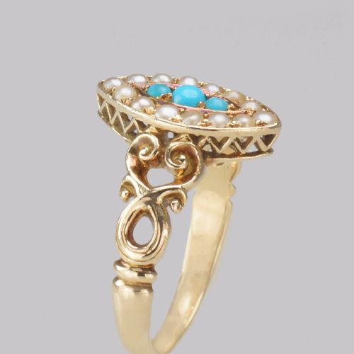 antique turquoise pearl ring 18ct gold victorian navette shaped ring circa 1890 - CATEGORY: ANTIQUE JEWELLERY - DATED VICTORIAN