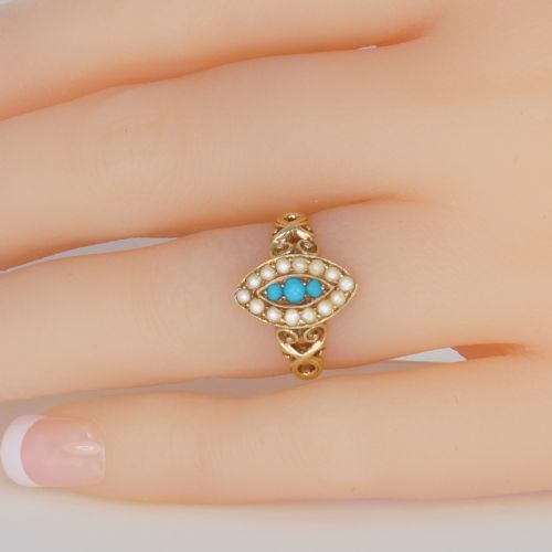 ANTIQUE TURQUOISE PEARL RING 18CT GOLD VICTORIAN NAVETTE SHAPED RING CIRCA 1890 - ADDITIONAL PHOTO 1