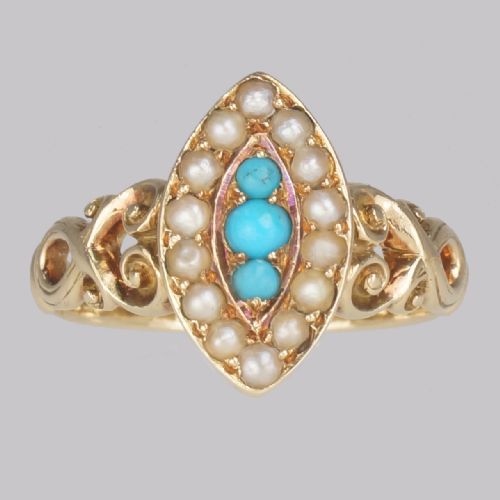 ANTIQUE TURQUOISE PEARL RING 18CT GOLD VICTORIAN NAVETTE SHAPED RING CIRCA 1890 - ADDITIONAL PHOTO 2
