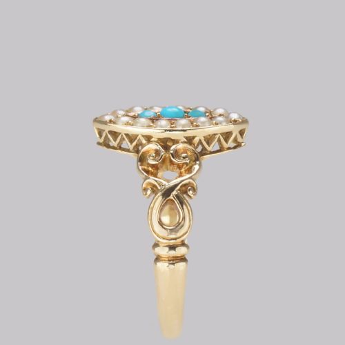 ANTIQUE TURQUOISE PEARL RING 18CT GOLD VICTORIAN NAVETTE SHAPED RING CIRCA 1890 - ADDITIONAL PHOTO 3