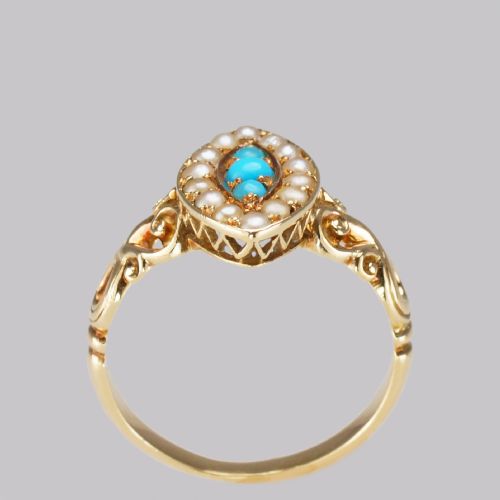 ANTIQUE TURQUOISE PEARL RING 18CT GOLD VICTORIAN NAVETTE SHAPED RING CIRCA 1890 - ADDITIONAL PHOTO 4