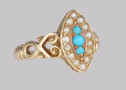 ANTIQUE TURQUOISE PEARL RING 18CT GOLD VICTORIAN NAVETTE SHAPED RING CIRCA 1890 - ADDITIONAL PHOTO 5