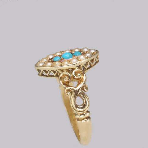 ANTIQUE TURQUOISE PEARL RING 18CT GOLD VICTORIAN NAVETTE SHAPED RING CIRCA 1890 - ADDITIONAL PHOTO 6