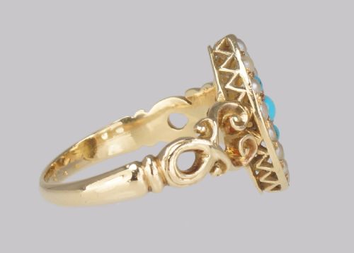 ANTIQUE TURQUOISE PEARL RING 18CT GOLD VICTORIAN NAVETTE SHAPED RING CIRCA 1890 - ADDITIONAL PHOTO 7