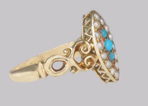 ANTIQUE TURQUOISE PEARL RING 18CT GOLD VICTORIAN NAVETTE SHAPED RING CIRCA 1890 - ADDITIONAL PHOTO 8