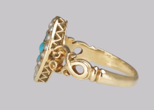 ANTIQUE TURQUOISE PEARL RING 18CT GOLD VICTORIAN NAVETTE SHAPED RING CIRCA 1890 - ADDITIONAL PHOTO 9