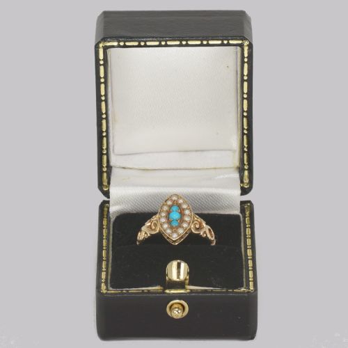 ANTIQUE TURQUOISE PEARL RING 18CT GOLD VICTORIAN NAVETTE SHAPED RING CIRCA 1890 - ADDITIONAL PHOTO 10