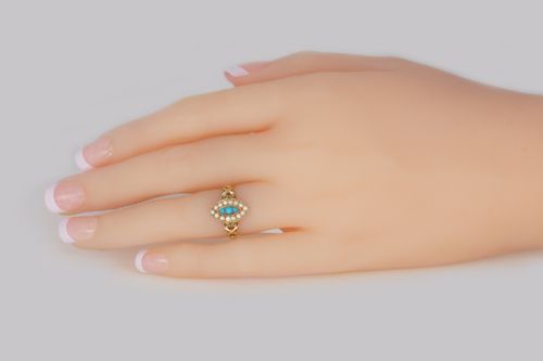 ANTIQUE TURQUOISE PEARL RING 18CT GOLD VICTORIAN NAVETTE SHAPED RING CIRCA 1890 - ADDITIONAL PHOTO 13