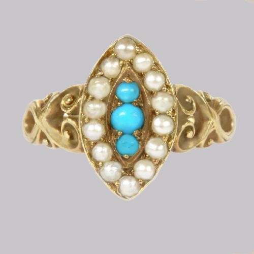 ANTIQUE TURQUOISE PEARL RING 18CT GOLD VICTORIAN NAVETTE SHAPED RING CIRCA 1890 - ADDITIONAL PHOTO 14