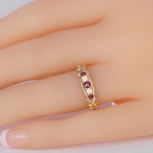 ANTIQUE RUBY ROSE CUT DIAMOND RING 15CT GOLD VICTORIAN FIVE STONE ORNATE RING - ADDITIONAL PHOTO 1