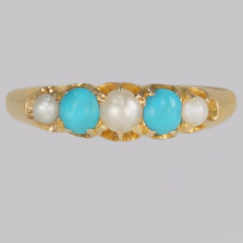 victorian turquoise natural pearl ring 18ct gold antique ring birmingham 1865 - CATEGORY: ANTIQUE JEWELLERY - DATED VICTORIAN