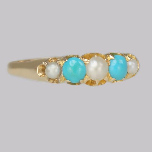 VICTORIAN TURQUOISE NATURAL PEARL RING 18CT GOLD ANTIQUE RING BIRMINGHAM 1865 - ADDITIONAL PHOTO 3