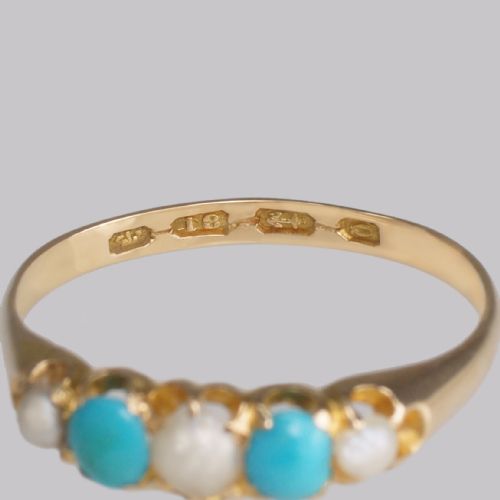 VICTORIAN TURQUOISE NATURAL PEARL RING 18CT GOLD ANTIQUE RING BIRMINGHAM 1865 - ADDITIONAL PHOTO 7