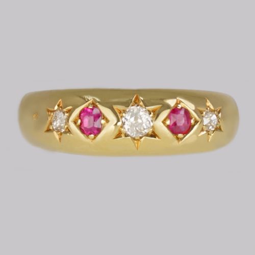 Victorian Diamond & Ruby Gypsy Ring Antique 18ct Gold Hallmarked London 1888