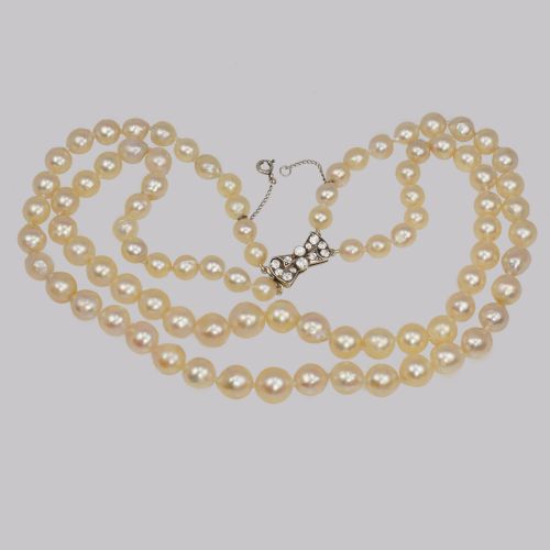 vintage pearl necklace with 9ct gold diamant bow clasp two strand 15 necklace just restrung - CATEGORY: ANTIQUE JEWELLERY - DATED 1960