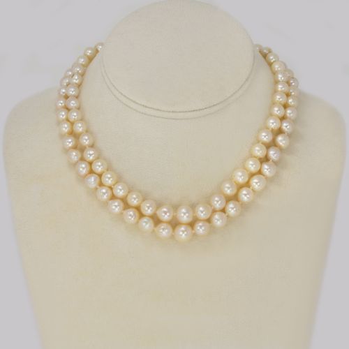 VINTAGE PEARL NECKLACE WITH 9CT GOLD DIAMANT BOW CLASP TWO STRAND 15 NECKLACE JUST RESTRUNG - ADDITIONAL PHOTO 1