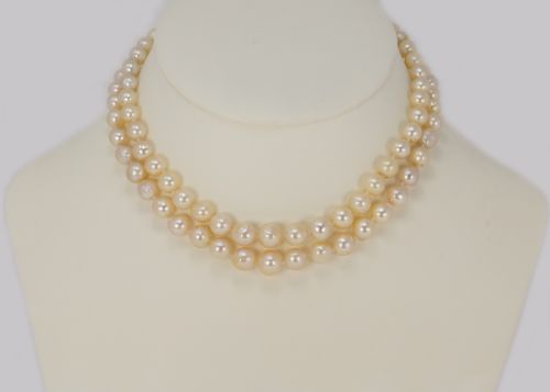 VINTAGE PEARL NECKLACE WITH 9CT GOLD DIAMANT BOW CLASP TWO STRAND 15 NECKLACE JUST RESTRUNG - ADDITIONAL PHOTO 4