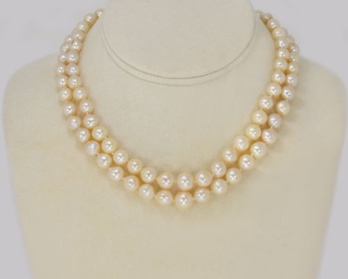 VINTAGE PEARL NECKLACE WITH 9CT GOLD DIAMANT BOW CLASP TWO STRAND 15 NECKLACE JUST RESTRUNG - ADDITIONAL PHOTO 10