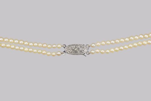 VINTAGE NATURAL PEARL NECKLACE WITH STERLING SILVER ART DECO CLASP DOUBLE STRAND 18 - ADDITIONAL PHOTO 1