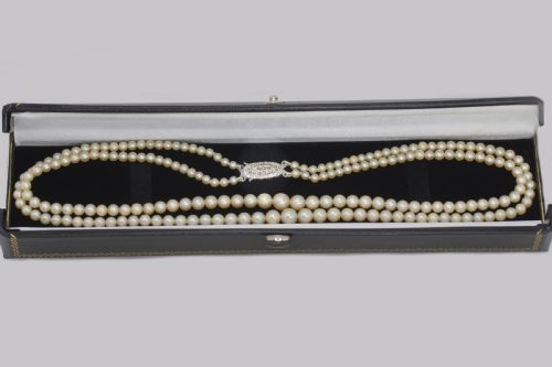 VINTAGE NATURAL PEARL NECKLACE WITH STERLING SILVER ART DECO CLASP DOUBLE STRAND 18 - ADDITIONAL PHOTO 4
