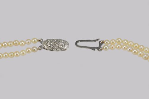 VINTAGE NATURAL PEARL NECKLACE WITH STERLING SILVER ART DECO CLASP DOUBLE STRAND 18 - ADDITIONAL PHOTO 6