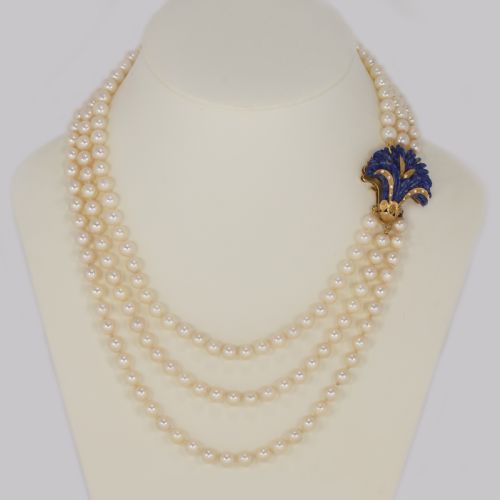 vintage pearl necklace 18ct gold lapis lazuli clasp triple strand 24 long italian necklace - CATEGORY: ANTIQUE JEWELLERY - DATED 1950