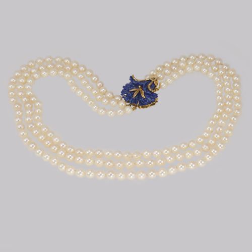 VINTAGE PEARL NECKLACE 18CT GOLD LAPIS LAZULI CLASP TRIPLE STRAND 24 LONG ITALIAN NECKLACE - ADDITIONAL PHOTO 2