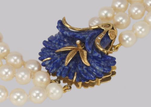 VINTAGE PEARL NECKLACE 18CT GOLD LAPIS LAZULI CLASP TRIPLE STRAND 24 LONG ITALIAN NECKLACE - ADDITIONAL PHOTO 3