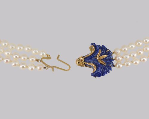 VINTAGE PEARL NECKLACE 18CT GOLD LAPIS LAZULI CLASP TRIPLE STRAND 24 LONG ITALIAN NECKLACE - ADDITIONAL PHOTO 4