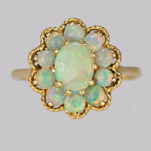 vintage opal cluster ring 14ct gold 1960s rope work victorian style opal ring - CATEGORY: ANTIQUE JEWELLERY - DATED 1960