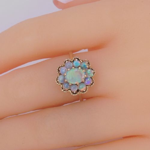 VINTAGE OPAL CLUSTER RING 14CT GOLD 1960S ROPE WORK VICTORIAN STYLE OPAL RING - ADDITIONAL PHOTO 1