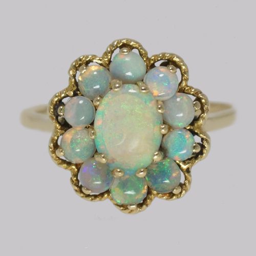 VINTAGE OPAL CLUSTER RING 14CT GOLD 1960S ROPE WORK VICTORIAN STYLE OPAL RING - ADDITIONAL PHOTO 4