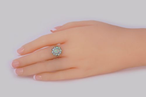 VINTAGE OPAL CLUSTER RING 14CT GOLD 1960S ROPE WORK VICTORIAN STYLE OPAL RING - ADDITIONAL PHOTO 10