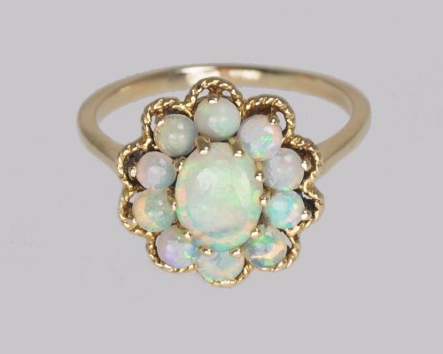 VINTAGE OPAL CLUSTER RING 14CT GOLD 1960S ROPE WORK VICTORIAN STYLE OPAL RING - ADDITIONAL PHOTO 11