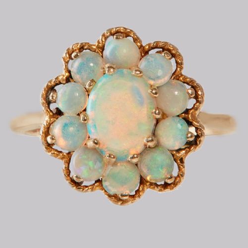 VINTAGE OPAL CLUSTER RING 14CT GOLD 1960S ROPE WORK VICTORIAN STYLE OPAL RING - ADDITIONAL PHOTO 14
