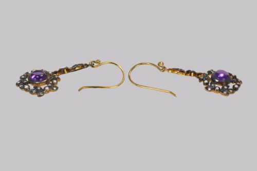 VINTAGE AMETHYST DIAMOND PEARL DROP EARRINGS 18CT GOLD VICTORIAN STYLE DANGLE EARRINGS - ADDITIONAL PHOTO 2