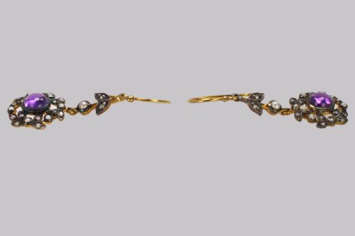 VINTAGE AMETHYST DIAMOND PEARL DROP EARRINGS 18CT GOLD VICTORIAN STYLE DANGLE EARRINGS - ADDITIONAL PHOTO 3