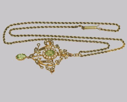 VICTORIAN BELLE EPOCH PERIDOT PEARL PENDANT ANTIQUE BROOCH 15CT CHAIN CIRCA 1900 - ADDITIONAL PHOTO 3
