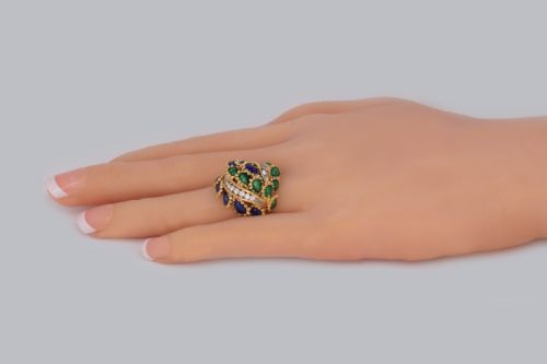 VINTAGE KUTCHINSKY DIAMOND AND BLUE GREEN ENAMEL RING 18CT GOLD BOMB RING - ADDITIONAL PHOTO 1