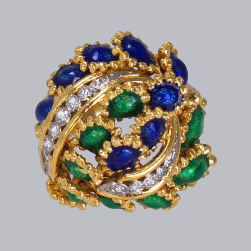 VINTAGE KUTCHINSKY DIAMOND AND BLUE GREEN ENAMEL RING 18CT GOLD BOMB RING - ADDITIONAL PHOTO 2