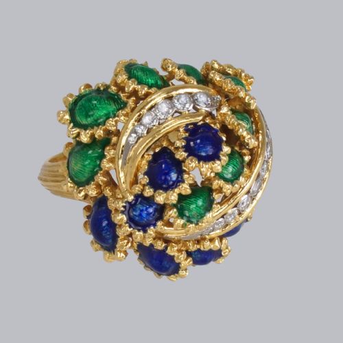 VINTAGE KUTCHINSKY DIAMOND AND BLUE GREEN ENAMEL RING 18CT GOLD BOMB RING - ADDITIONAL PHOTO 3