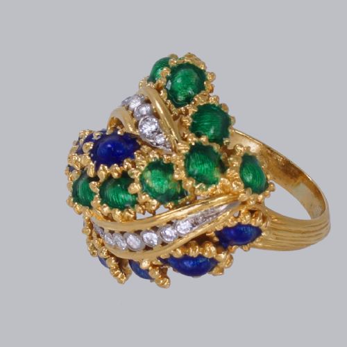 VINTAGE KUTCHINSKY DIAMOND AND BLUE GREEN ENAMEL RING 18CT GOLD BOMB RING - ADDITIONAL PHOTO 4