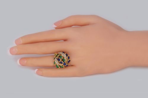VINTAGE KUTCHINSKY DIAMOND AND BLUE GREEN ENAMEL RING 18CT GOLD BOMB RING - ADDITIONAL PHOTO 6