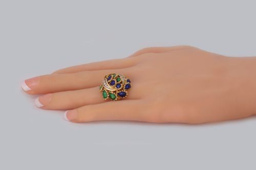 VINTAGE KUTCHINSKY DIAMOND AND BLUE GREEN ENAMEL RING 18CT GOLD BOMB RING - ADDITIONAL PHOTO 7