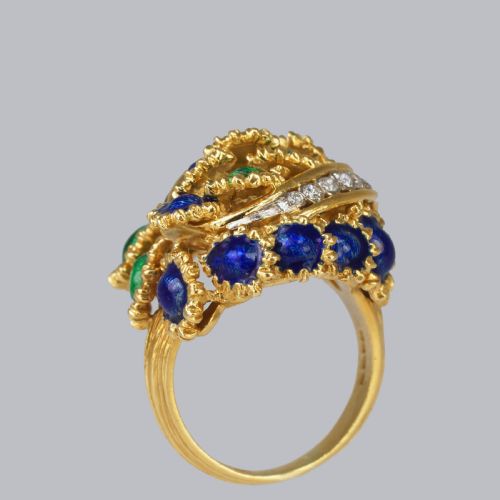 VINTAGE KUTCHINSKY DIAMOND AND BLUE GREEN ENAMEL RING 18CT GOLD BOMB RING - ADDITIONAL PHOTO 10