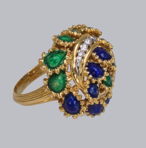 VINTAGE KUTCHINSKY DIAMOND AND BLUE GREEN ENAMEL RING 18CT GOLD BOMB RING - ADDITIONAL PHOTO 11