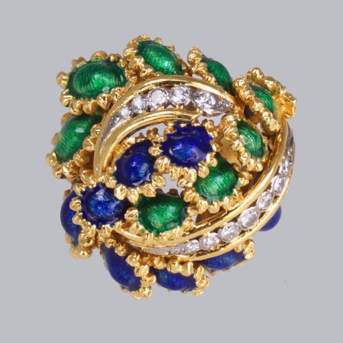 VINTAGE KUTCHINSKY DIAMOND AND BLUE GREEN ENAMEL RING 18CT GOLD BOMB RING - ADDITIONAL PHOTO 16