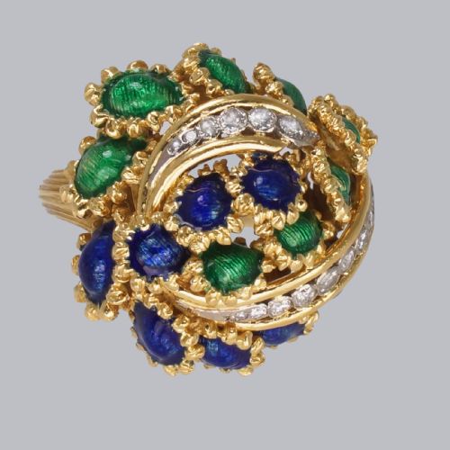 VINTAGE KUTCHINSKY DIAMOND AND BLUE GREEN ENAMEL RING 18CT GOLD BOMB RING - ADDITIONAL PHOTO 17
