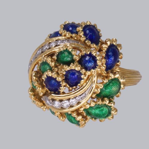 VINTAGE KUTCHINSKY DIAMOND AND BLUE GREEN ENAMEL RING 18CT GOLD BOMB RING - ADDITIONAL PHOTO 18